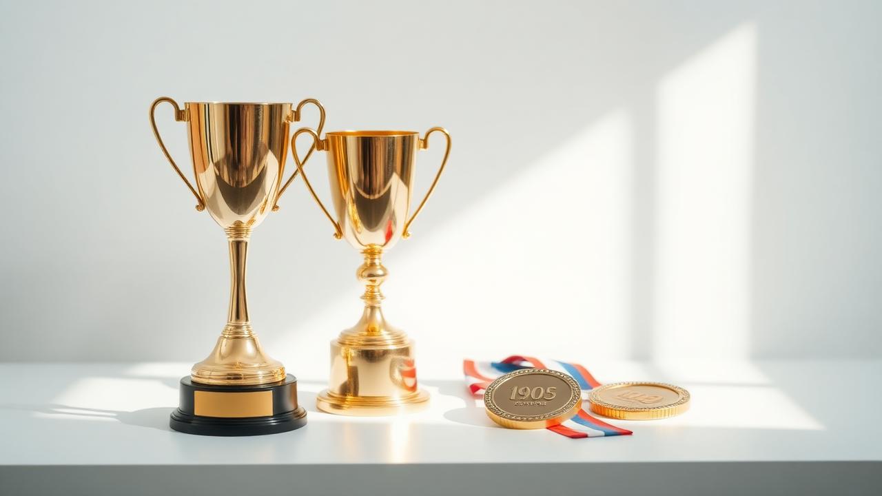 كؤوس وميداليات ذهبية على طاولة بيضاء بإضاءة ناعمة