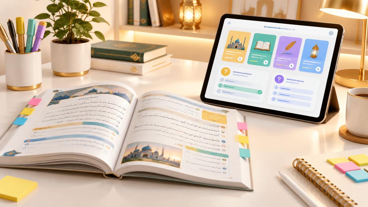 كتاب المقرر مفتوح بجانب جهاز لوحي يعرض دروسًا تفاعلية وأسئلة